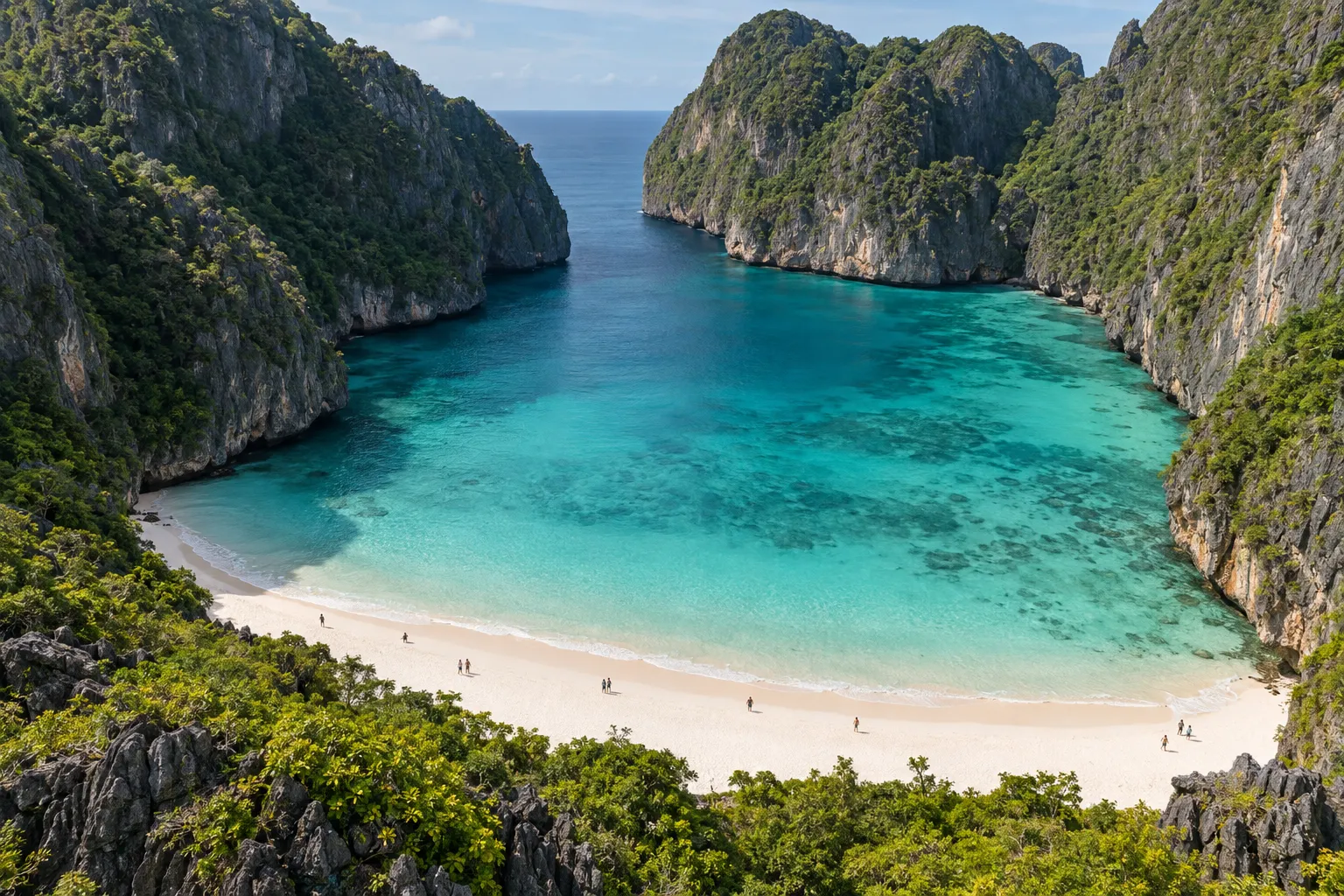 Maya Bay beach surrounded by limestone cliffs, Phi Phi Leh