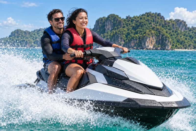 Rider on a jet ski wearing a life jacket on calm water